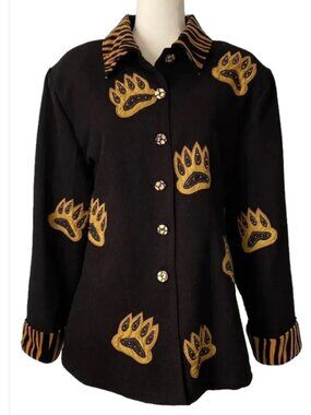 Anage Black Tiger Stripe Embroidered Jacket Animal Print Mob Wife Chic Plus Size